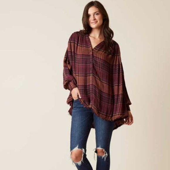 FREE PEOPLE COME OVER PLAID FLANNEL WINE M - Picture 1 of 9